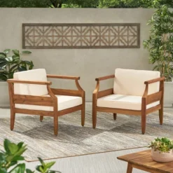 Aston 2pk Acacia Wood Mid-Century Modern Club Chairs - Teak/Cream - Christopher Knight Home -Outdoor Furniture Store GUEST 014ff7b8 334a 47d3 95b2 76f0defd864d