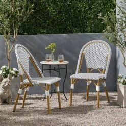 Elize 2pk Outdoor French Bistro Chairs - Gray/White/Bamboo - Christopher Knight Home