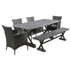Outdoor Furniture Store 7 Ponza 6pc Rectangle Wicker & Light Weight Concrete Patio Dining Set - Gray - Christopher Knight Home