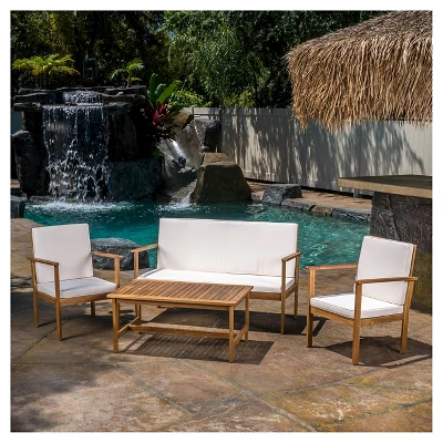 Luciano 4pc Acacia Wood Patio Chat Set With Cushions - Brown Patina - Christopher Knight Home 4 Luciano 4pc Acacia Wood Patio Chat Set With Cushions - Brown Patina - Christopher Knight Home - Image 2