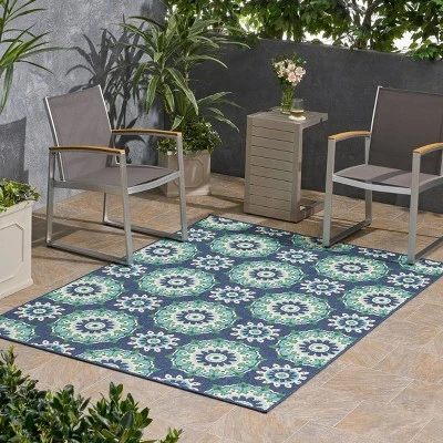 5'3" X 7' Medallion Outdoor Rug Navy/Green - Christopher Knight Home 4 5'3" X 7' Medallion Outdoor Rug Navy/Green - Christopher Knight Home - Image 2