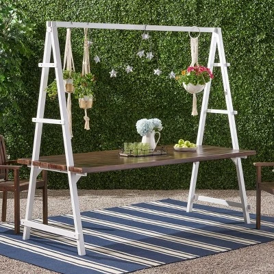 Huckleberry Rectangle Acacia Wood Patio Dining Table With Iron Plant Hanger Dark Brown/White - Christopher Knight Home 3 Huckleberry Rectangle Acacia Wood Patio Dining Table With Iron Plant Hanger Dark Brown/White - Christopher Knight Home