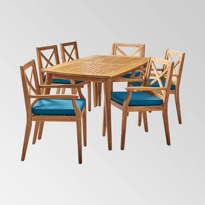 Llando 7-pc Acacia Wood Dining Set - Teak/Blue - Christopher Knight Home 3 Llando 7-pc Acacia Wood Dining Set - Teak/Blue - Christopher Knight Home