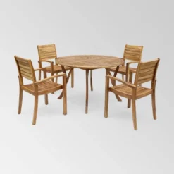 Outdoor Furniture Store 17 Wells 5 Pc Acacia Wood Round Dining Set Teak Finish - Christopher Knight Home