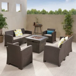 Jennings 5pc Faux Wicker Chat Set With Fire Pit - Brown/Mixed Beige - Christopher Knight Home