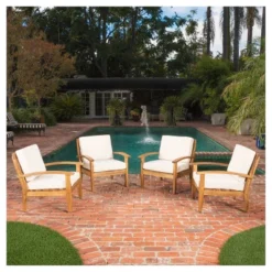 Outdoor Furniture Store 35 Peyton 4pk Acacia Wood Patio Club Chairs W/ Cushions - Beige - Christopher Knight Home