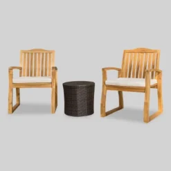 Tampa 3pc Acacia Wood & Wicker Patio Chat Set - Brown - Christopher Knight Home