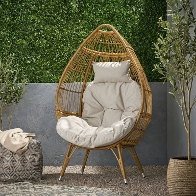 Serina Outdoor Wicker Teardrop Chair With Cushion - Beige/Light Brown - Christopher Knight Home 3 Serina Outdoor Wicker Teardrop Chair With Cushion - Beige/Light Brown - Christopher Knight Home