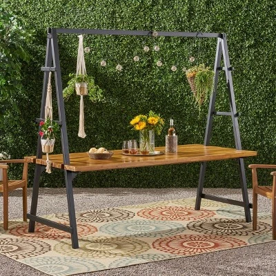 Huckleberry Rectangle Acacia Wood Patio Dining Table With Iron Plant Hanger Teak/Black - Christopher Knight Home 3 Huckleberry Rectangle Acacia Wood Patio Dining Table With Iron Plant Hanger Teak/Black - Christopher Knight Home