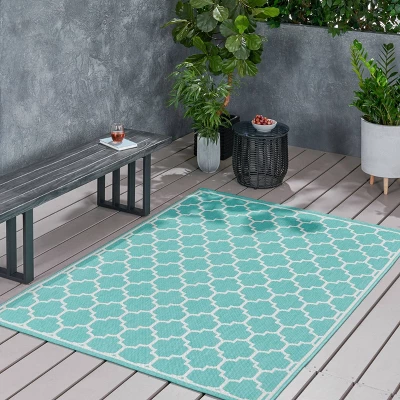 5'3" X 7' Ifran Outdoor Rug Teal/Ivory - Christopher Knight Home 4 5'3" X 7' Ifran Outdoor Rug Teal/Ivory - Christopher Knight Home - Image 2